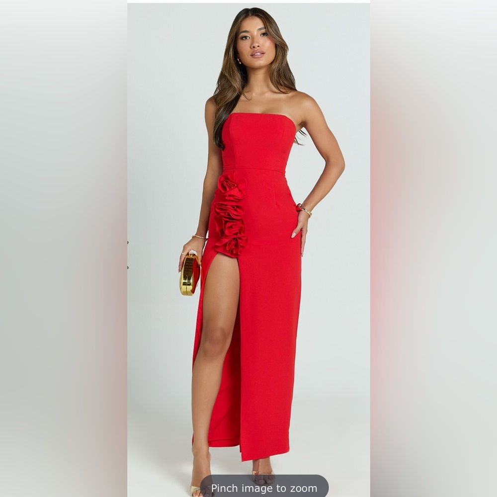 NWT SHOWPO EBBY MAXI DRESS - STRAPLESS ROSETTE THIGH SPLIT DRESS IN RED size 12